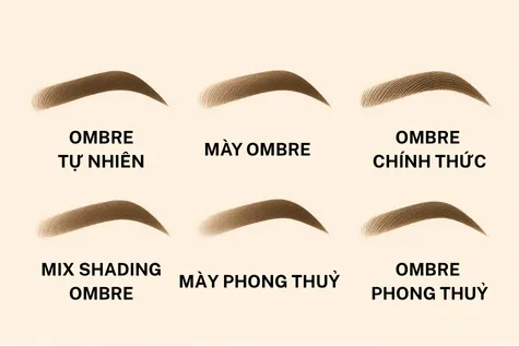Bốn kiểu phun mày Ombre phổ biến: dáng mày tự nhiên mềm mại, dáng mày sắc nét cá tính, kiểu mix shading và dáng mày phong thủy.