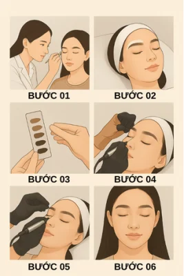 Các bước trong quy trình phun mày Ombre chuyên nghiệp: tư vấn vẽ dáng, ủ tê, thực hiện phun bằng máy kim nano, và kết quả hoàn thiện.