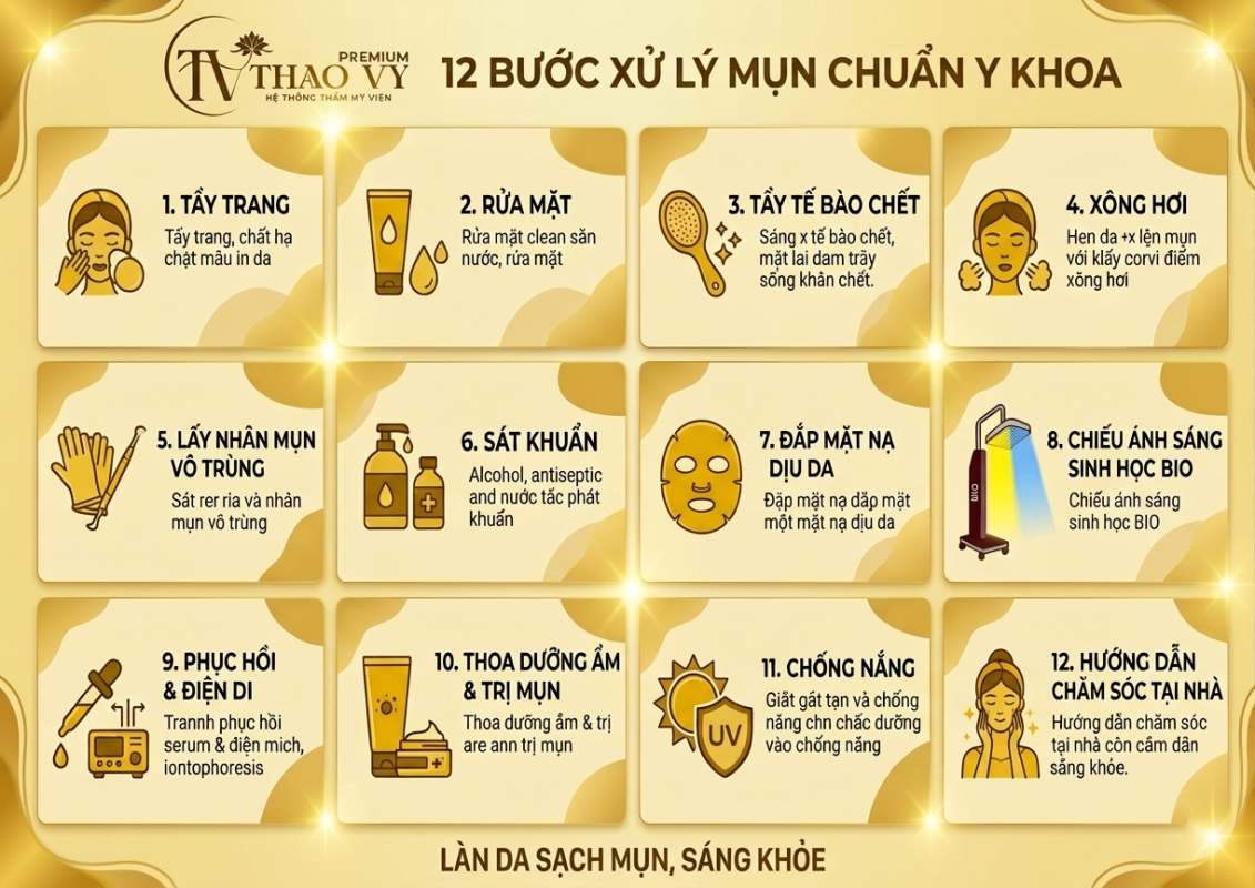 Quy trình xử lý mụn chuẩn y khoa 12 bước tại Thẩm Mỹ Viện Thảo Vy.