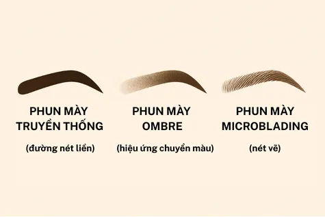 Bảng so sánh trực quan ba kỹ thuật: phun mày Ombre hiệu ứng phấn, điêu khắc Microblading dạng sợi, và phun xăm truyền thống có viền.