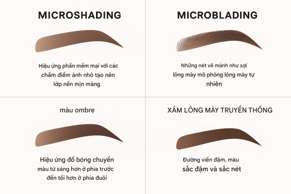 So sánh sự khác biệt giữa phun mày Microshading, Microblading, Ombre và phun mày truyền thống.