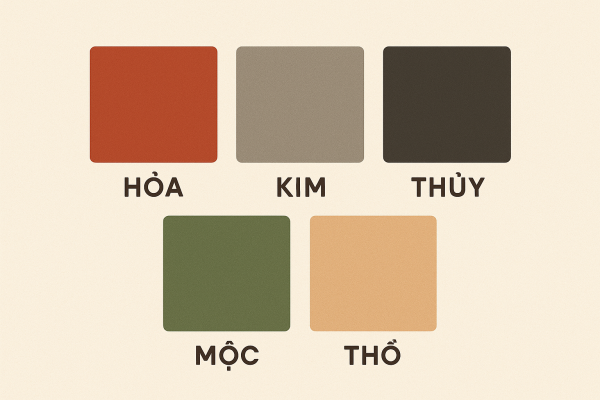 Bảng màu phun mày tài lộc theo ngũ hành: màu nâu đỏ cho mệnh Hỏa, màu đen khói cho mệnh Kim, giúp chọn màu hợp mệnh và phong thủy.