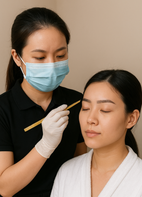 Quy trình phun mày tài lộc chuyên nghiệp gồm các bước: chuyên gia tư vấn nhân tướng, đo vẽ dáng mày theo tỉ lệ vàng và thực hiện kỹ thuật Ombre.