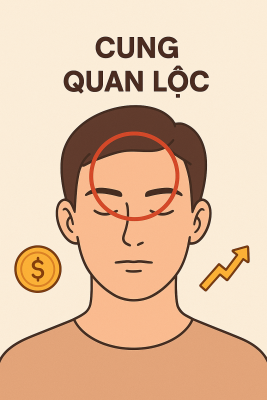 Sơ đồ nhân tướng học khuôn mặt, làm nổi bật vùng chân mày là cung quan lộc, ảnh hưởng đến tài vận và sự nghiệp.
